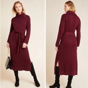 Anthropologie Carlotta Knit Turtleneck Midi Sweater Dress Plum Burgundy Sz L NWT